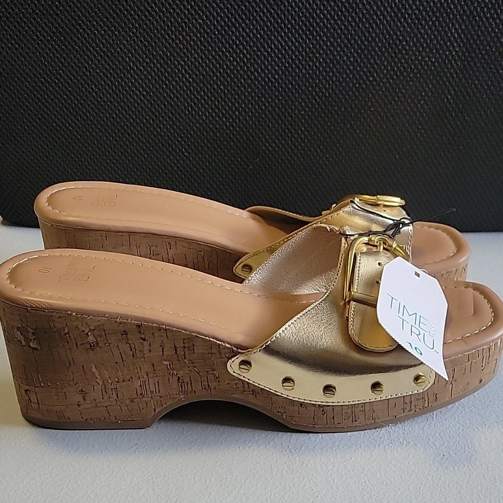 Gold Slide Sandals with Buckle